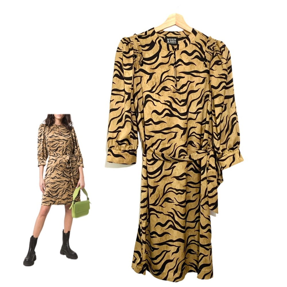 Scotch & Soda Zebra-Print Mini Dress Size Small 3/4 Sleeves Smocking Animal Prin